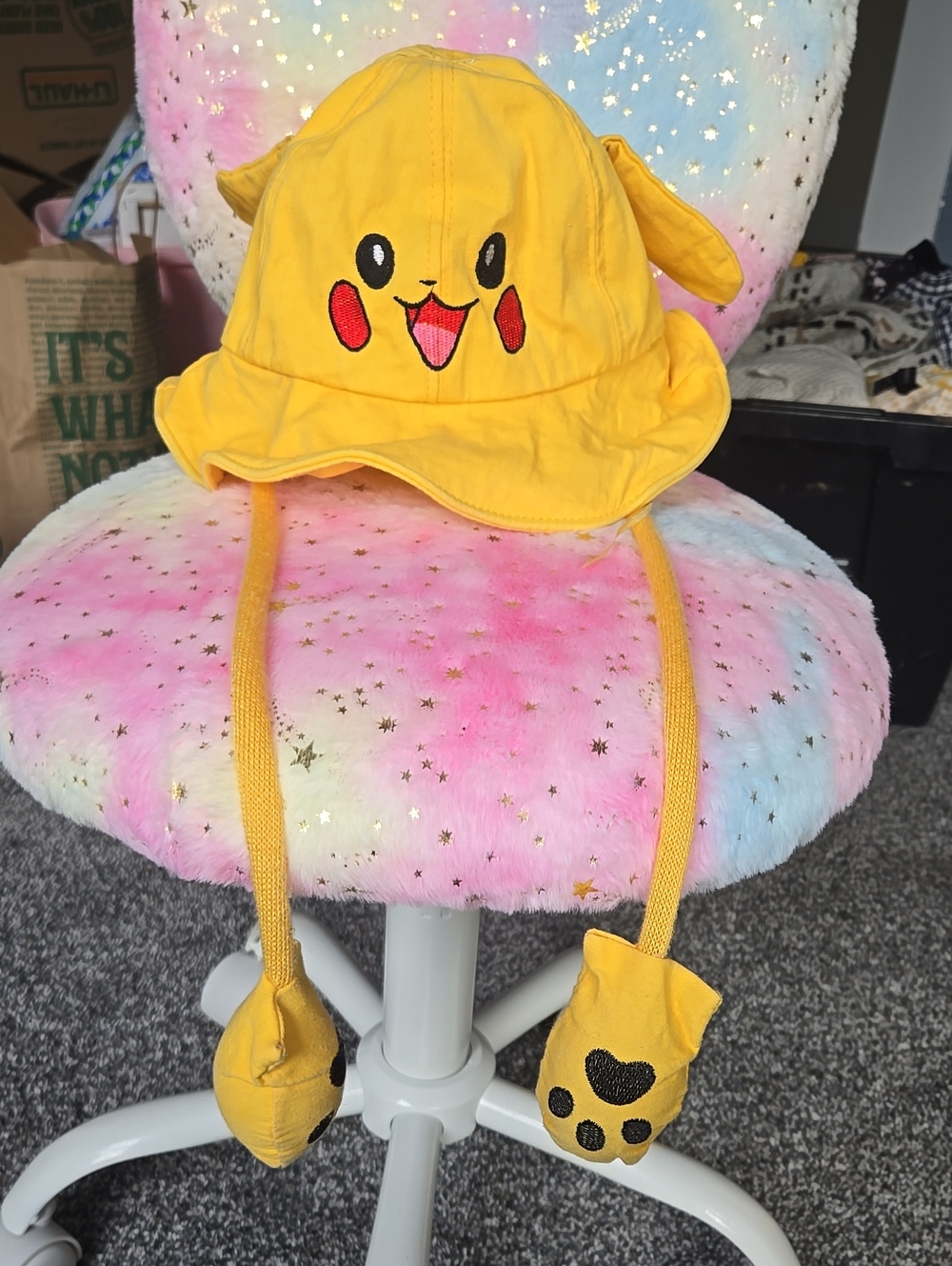 Yellow Pikachu-Inspired Kids Sun Hat with Ear and Paw Details